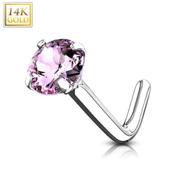 14KT Solid White Gold "L" Shaped Bent Pink Circle CZ Nose Ring Stud