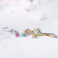 14KT Solid White Gold "L" Shaped Bent Pink Circle CZ Nose Ring Stud