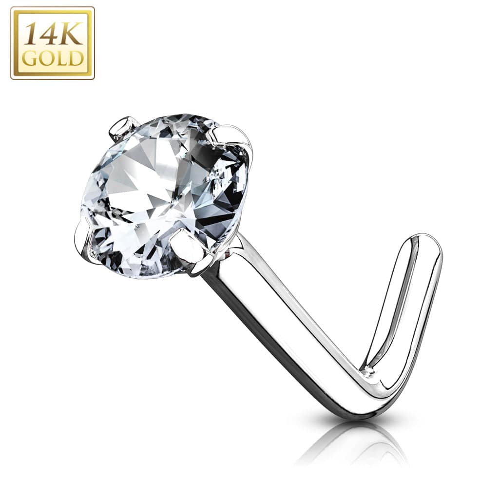 14KT Solid White Gold "L" Shaped Bent White CZ Circle Nose Ring Stud