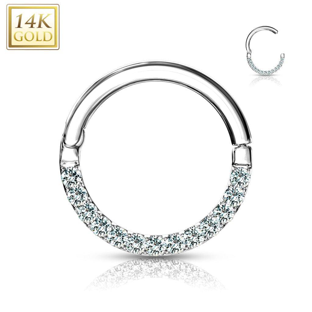 14KT Solid White Gold Paved CZ Hinged Septum Ring