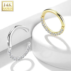 14KT Solid White Gold Paved CZ Hinged Septum Ring