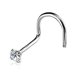 14KT Solid White Gold Prong White CZ Gem Corkscrew Nose Ring Stud