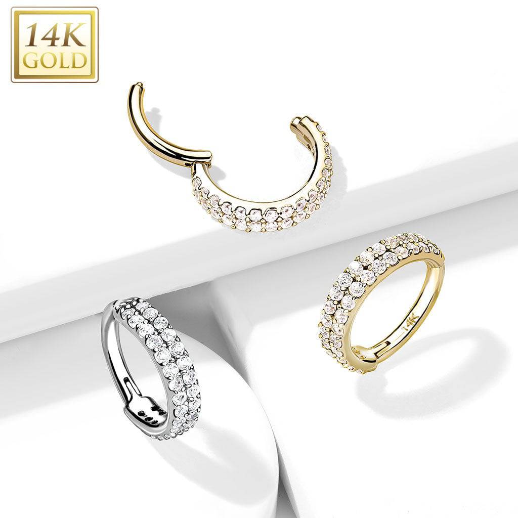 14KT Solid Yellow Gold 2 Row White CZ Ear Cartilage Hinged Clicker Hoop