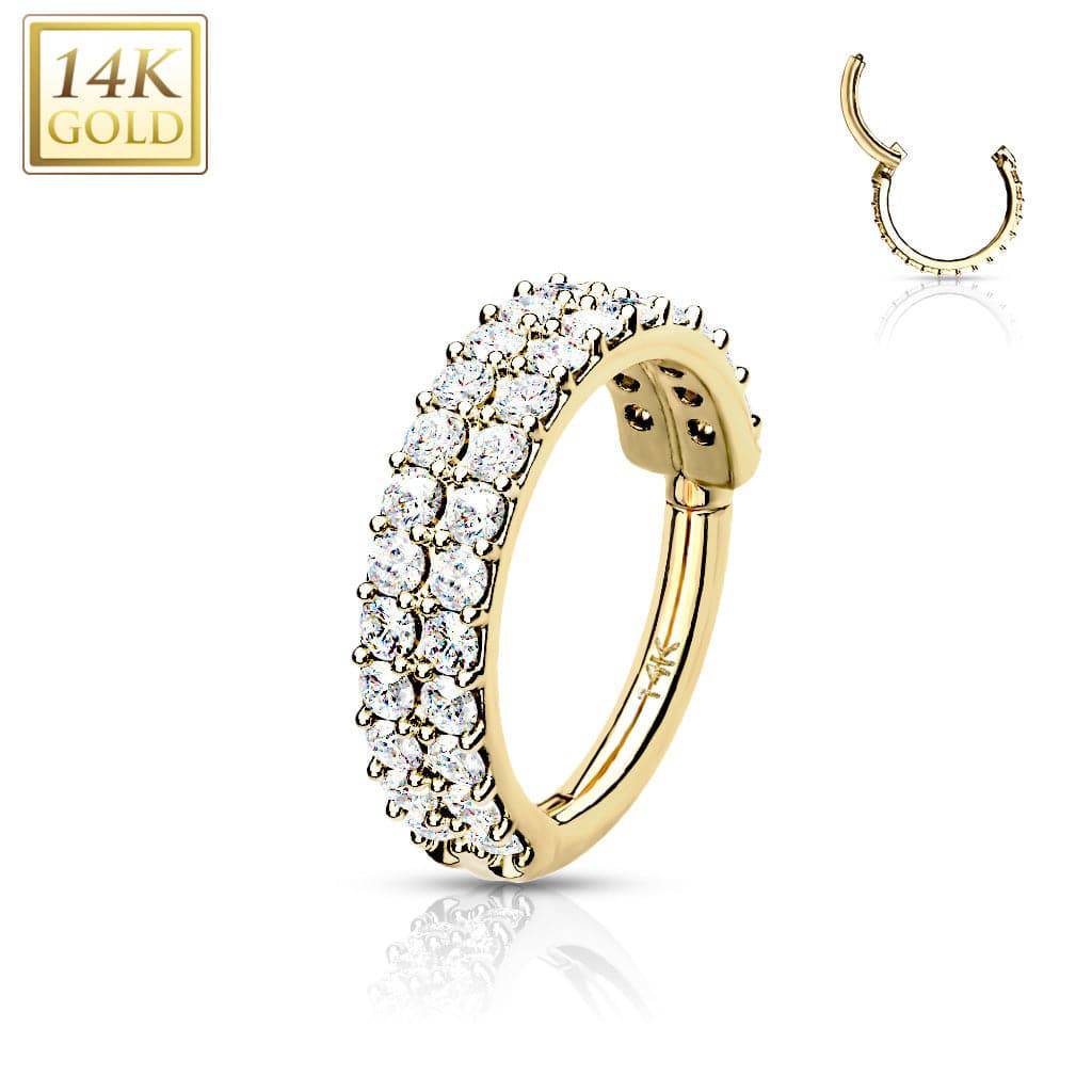 14KT Solid Yellow Gold 2 Row White CZ Ear Cartilage Hinged Clicker Hoop