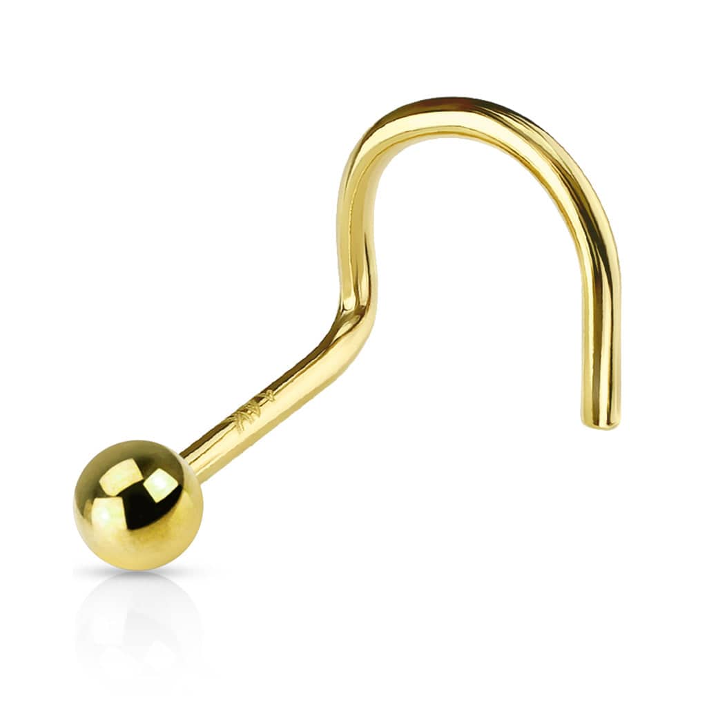 14KT Solid Yellow Gold 2mm Ball Corkscrew Nose Ring Stud