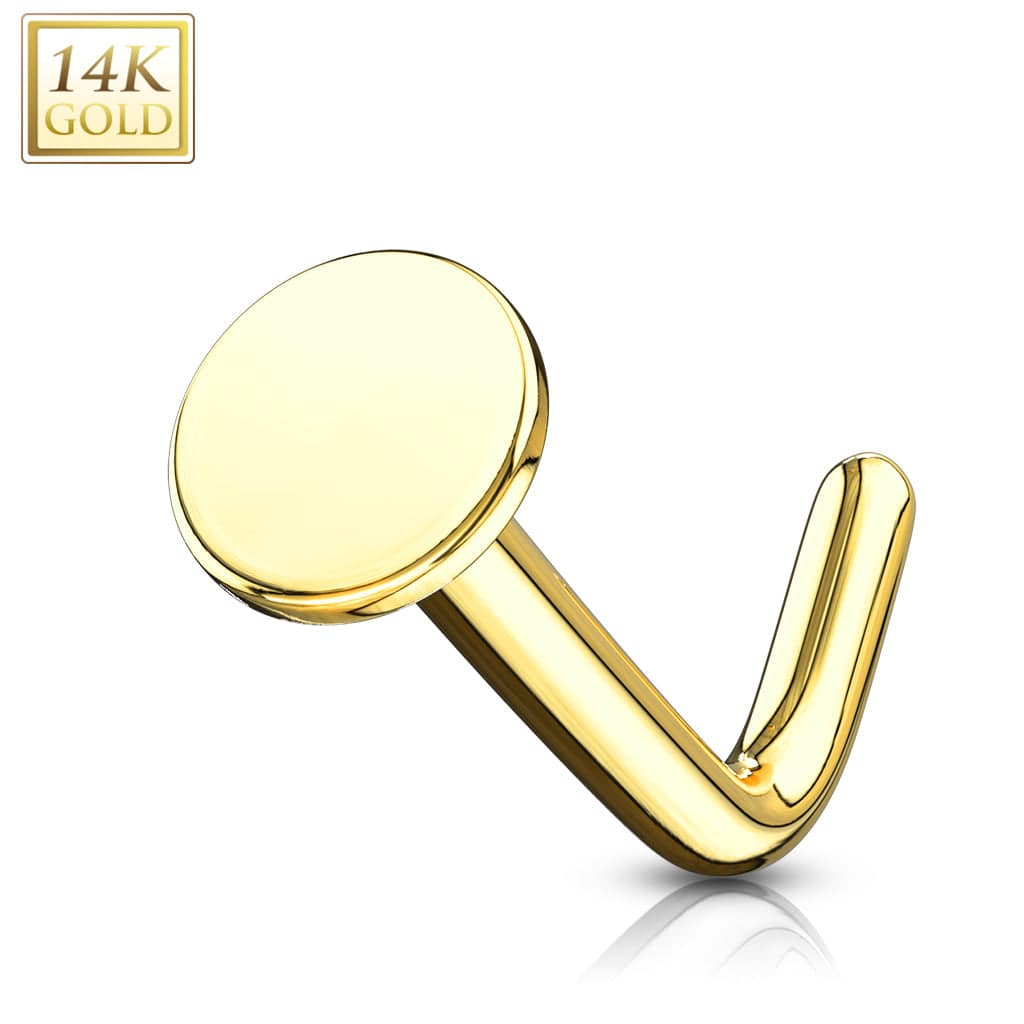 14KT Solid Yellow Gold 3mm Flat Disc Top L Shape Nose Ring Stud