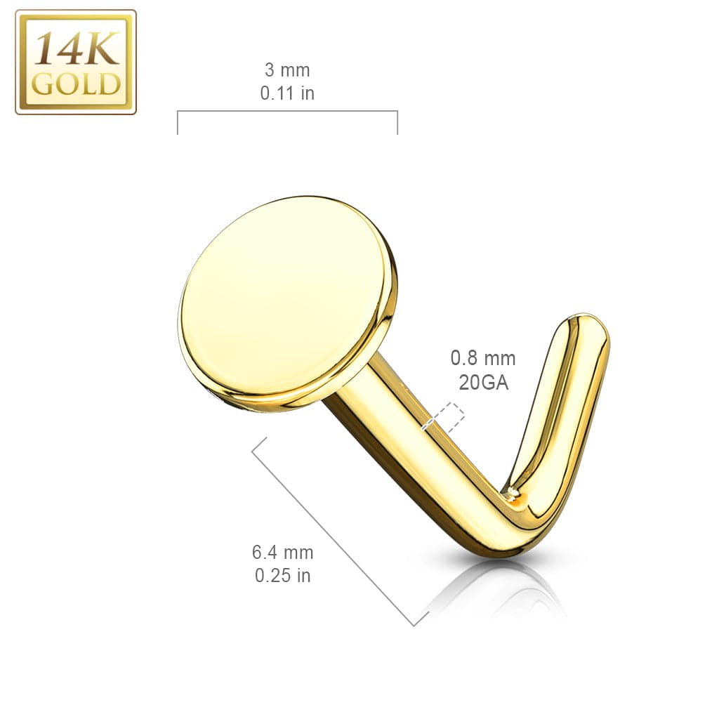 14KT Solid Yellow Gold 3mm Flat Disc Top L Shape Nose Ring Stud