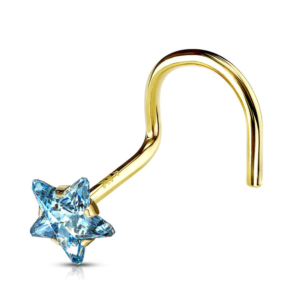 14KT Solid Yellow Gold Aqua Star Gem Corkscrew Nose Stud