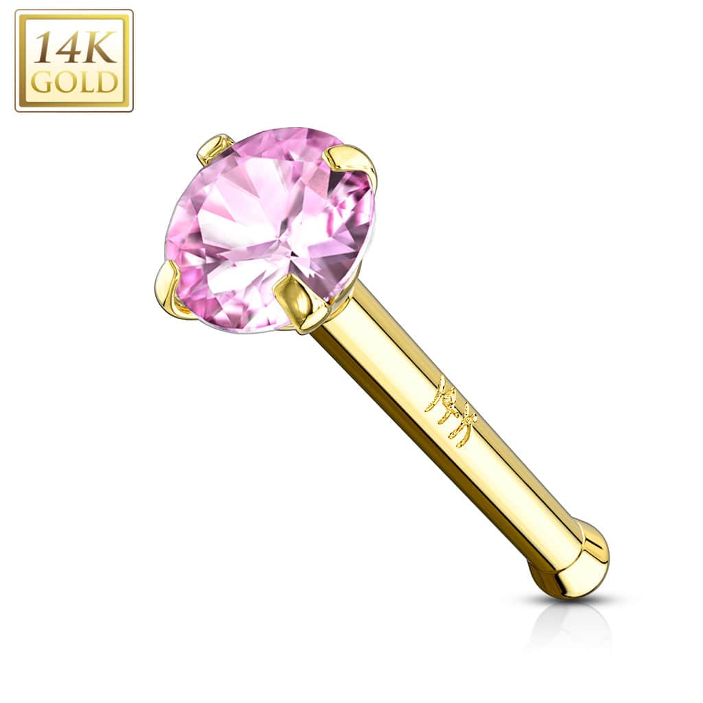 14KT Solid Yellow Gold Ball End Pink CZ Prong Nose Pin Ring