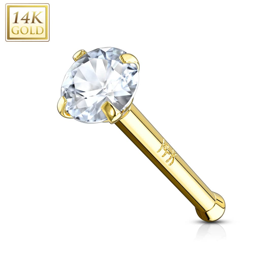 14KT Solid Yellow Gold Ball End White CZ Prong Nose Pin Ring