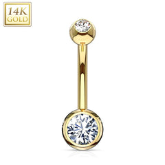 14KT Solid Yellow Gold Double White Ball CZ Gem Belly Button Ring