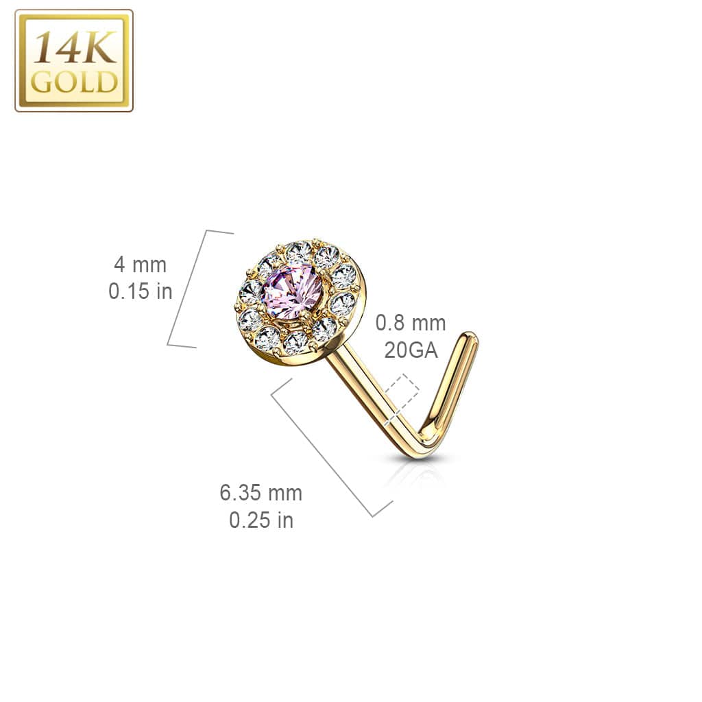 14KT Solid Yellow Gold L Shape Bent All White CZ Cluster Nose Stud