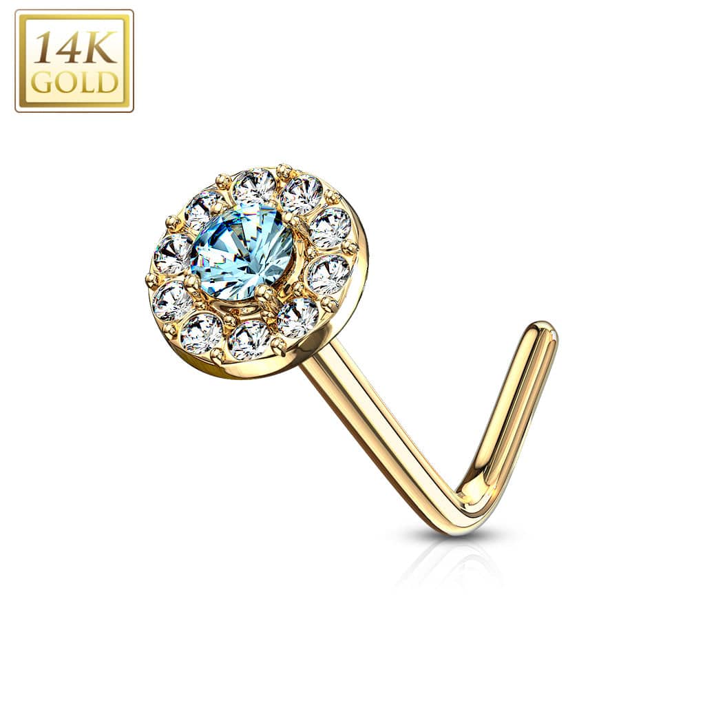 14KT Solid Yellow Gold L Shape Bent Aqua & White CZ Cluster Nose Stud