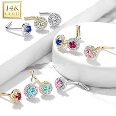 14KT Solid Yellow Gold L Shape Bent Pink & White CZ Cluster Nose Stud