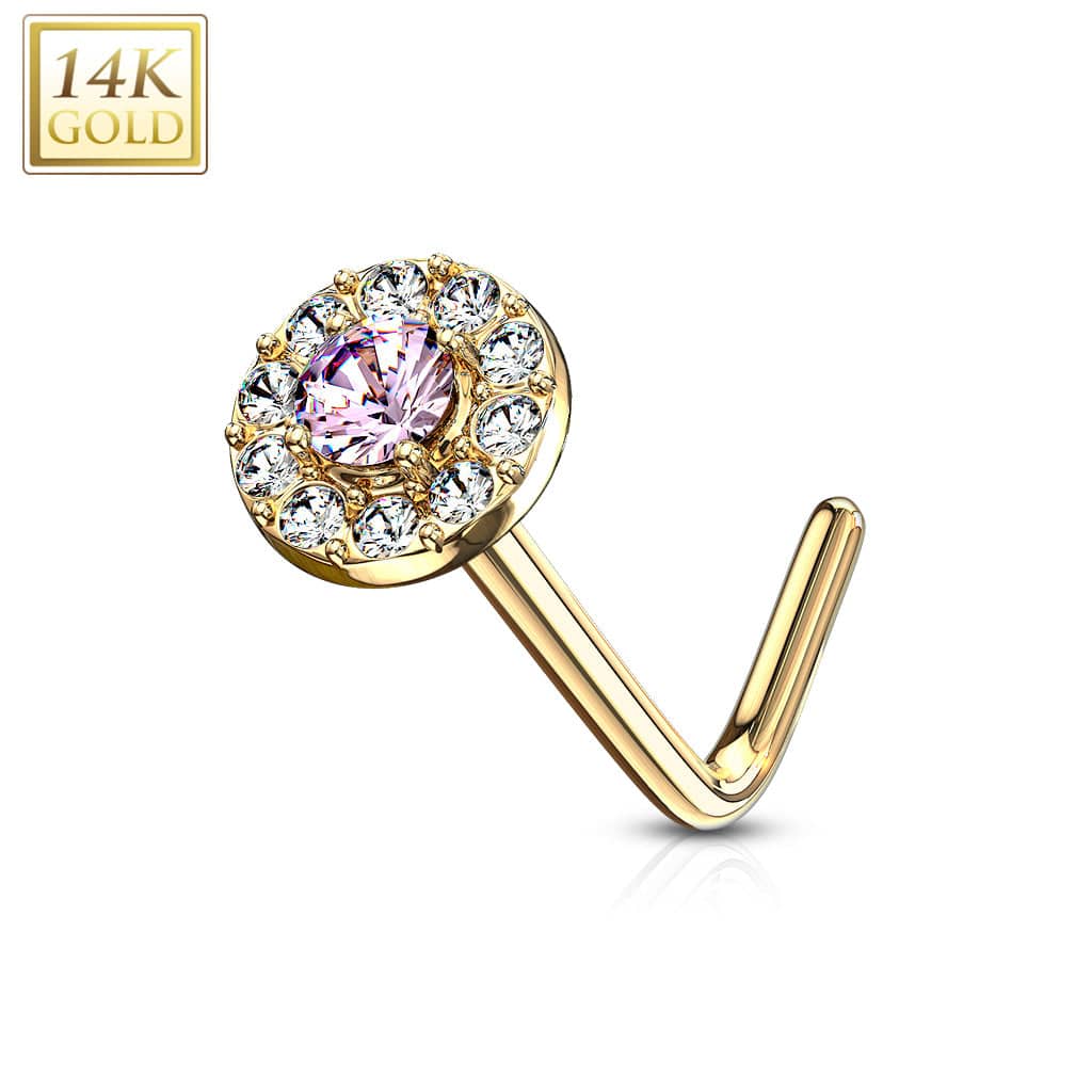 14KT Solid Yellow Gold L Shape Bent Pink & White CZ Cluster Nose Stud