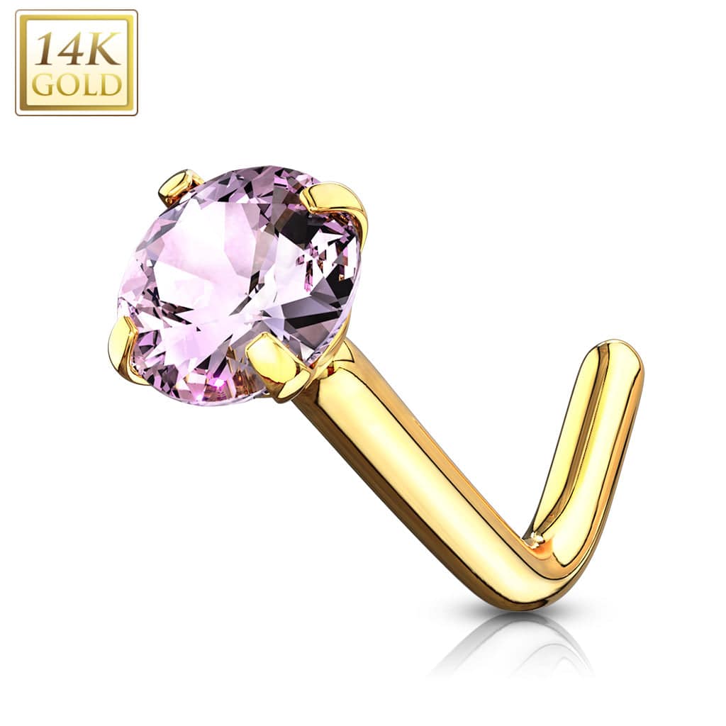 14KT Solid Yellow Gold "L" Shaped Bent Pink Circle CZ Nose Ring Stud