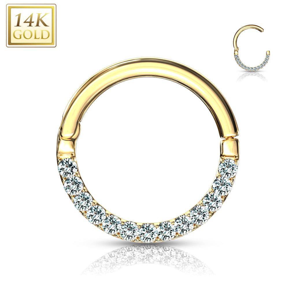 14KT Solid Yellow Gold Paved CZ Hinged Septum Ring