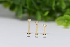 14KT Solid Yellow Gold Push In Threadless Flat Back CZ Labret Tragus Cartilage Stud