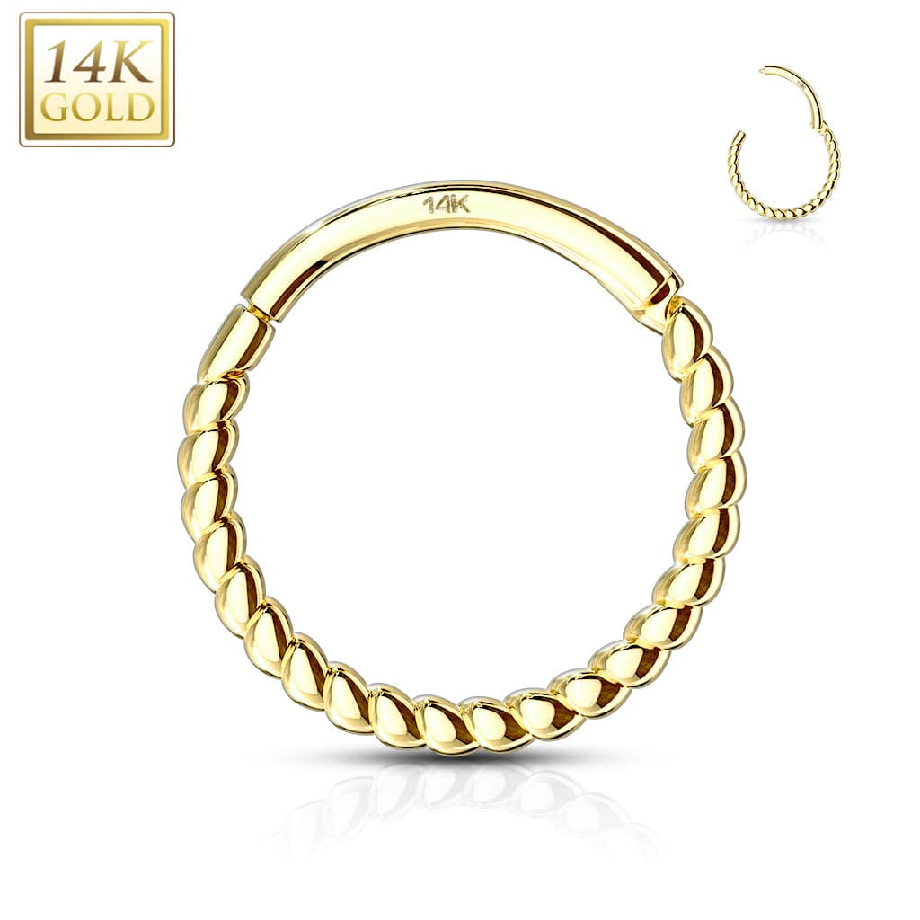 14KT Solid Yellow Gold Twisted Rope Braided Segment Hinged Clicker Hoop