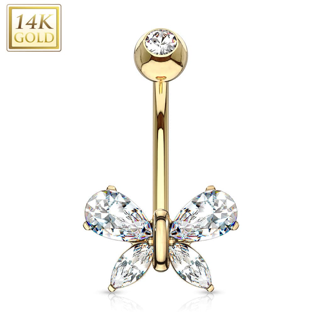 14KT Solid Yellow Gold White CZ Butterfly Belly Button Ring