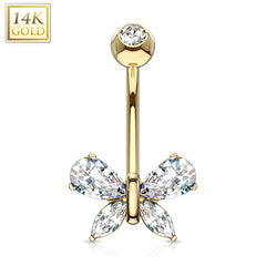 14KT Solid Yellow Gold White CZ Butterfly Belly Button Ring