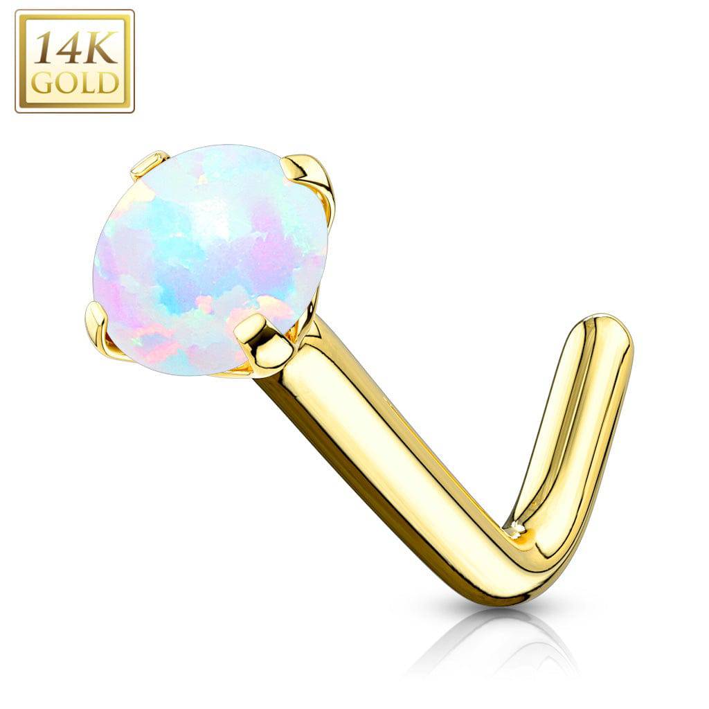 14KT Solid Yellow Gold White Opal "L" Bent Prong Nose Ring Stud