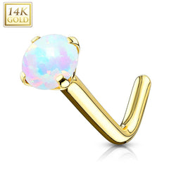 14KT Solid Yellow Gold White Opal "L" Bent Prong Nose Ring Stud