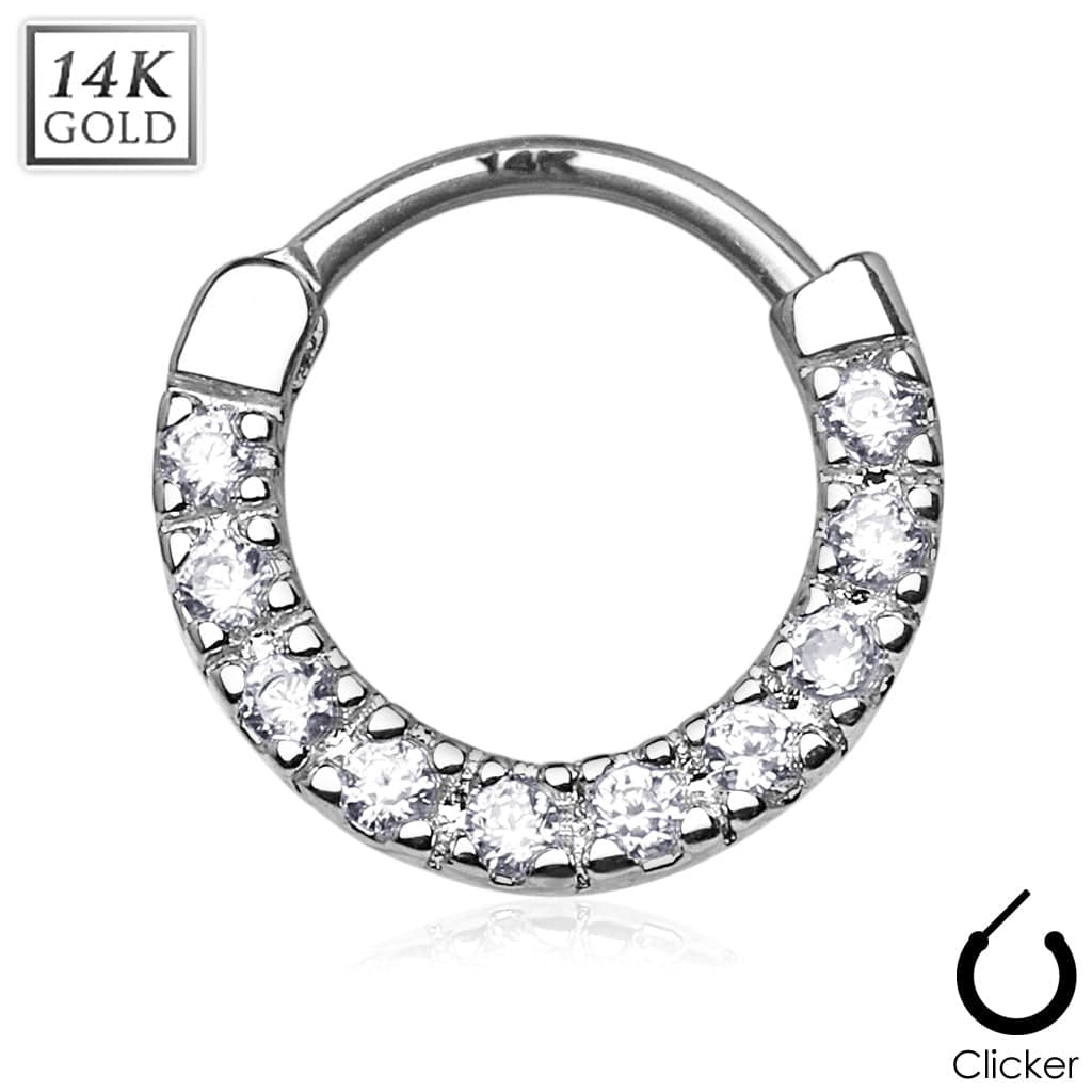 14KT White Gold Hinged White CZ Septum Ring Hoop