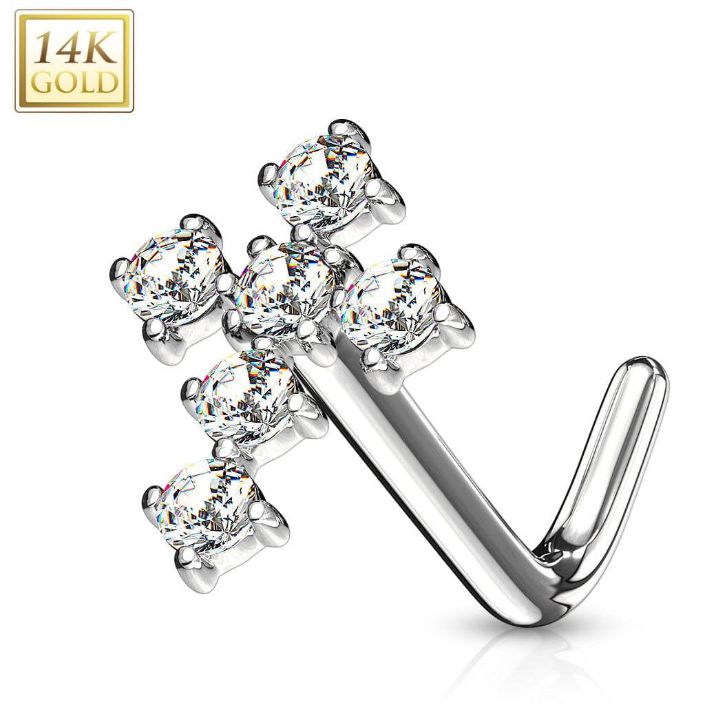 14KT White Gold White "L" Bent Cross CZ Nose Ring Stud