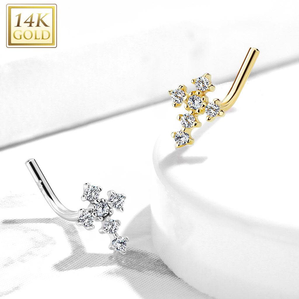 14KT White Gold White "L" Bent Cross CZ Nose Ring Stud