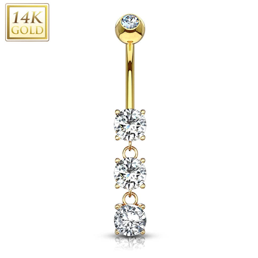 14KT Yellow Gold 3 CZ White Gem Dangling Belly Button Ring