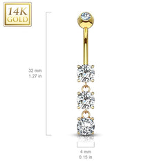 14KT Yellow Gold 3 CZ White Gem Dangling Belly Button Ring