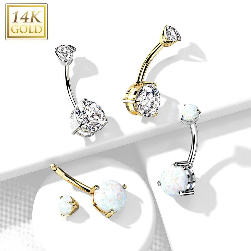 14KT Yellow Gold Clawed White Circle CZ Stud Belly Ring