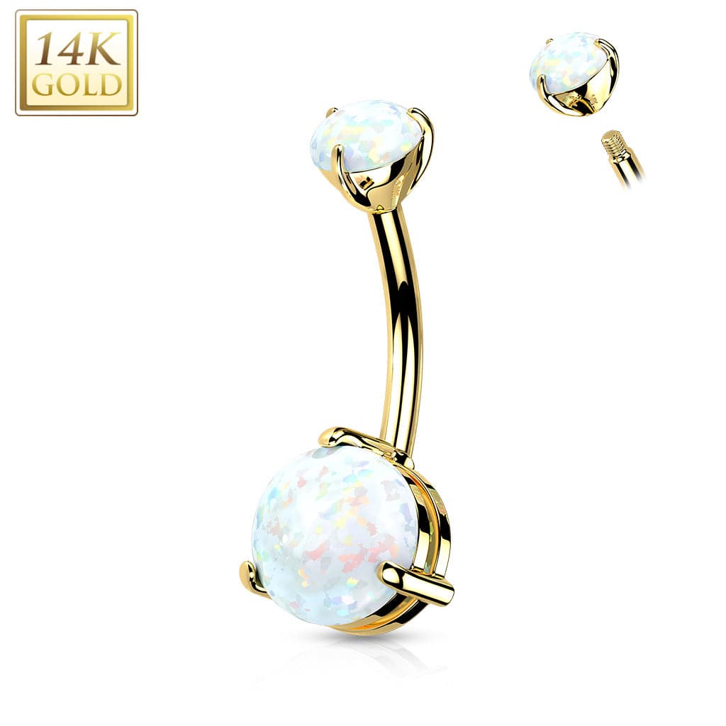 14KT Yellow Gold Clawed White Circle Opal Stud Belly Ring