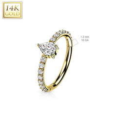 14KT Yellow Gold Pave White CZ Pear Shaped Center Hinged Clicker Hoop