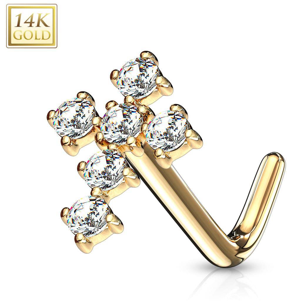 14KT Yellow Gold White "L" Bent Cross CZ Nose Ring Stud