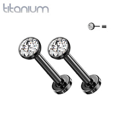 Pair of Implant Grade Titanium Black PVD Threadless Stud White Bezel Earrings with Flat Back