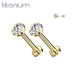 Pair of Implant Grade Titanium Gold PVD Threadless Stud White Bezel Earrings with Flat Back