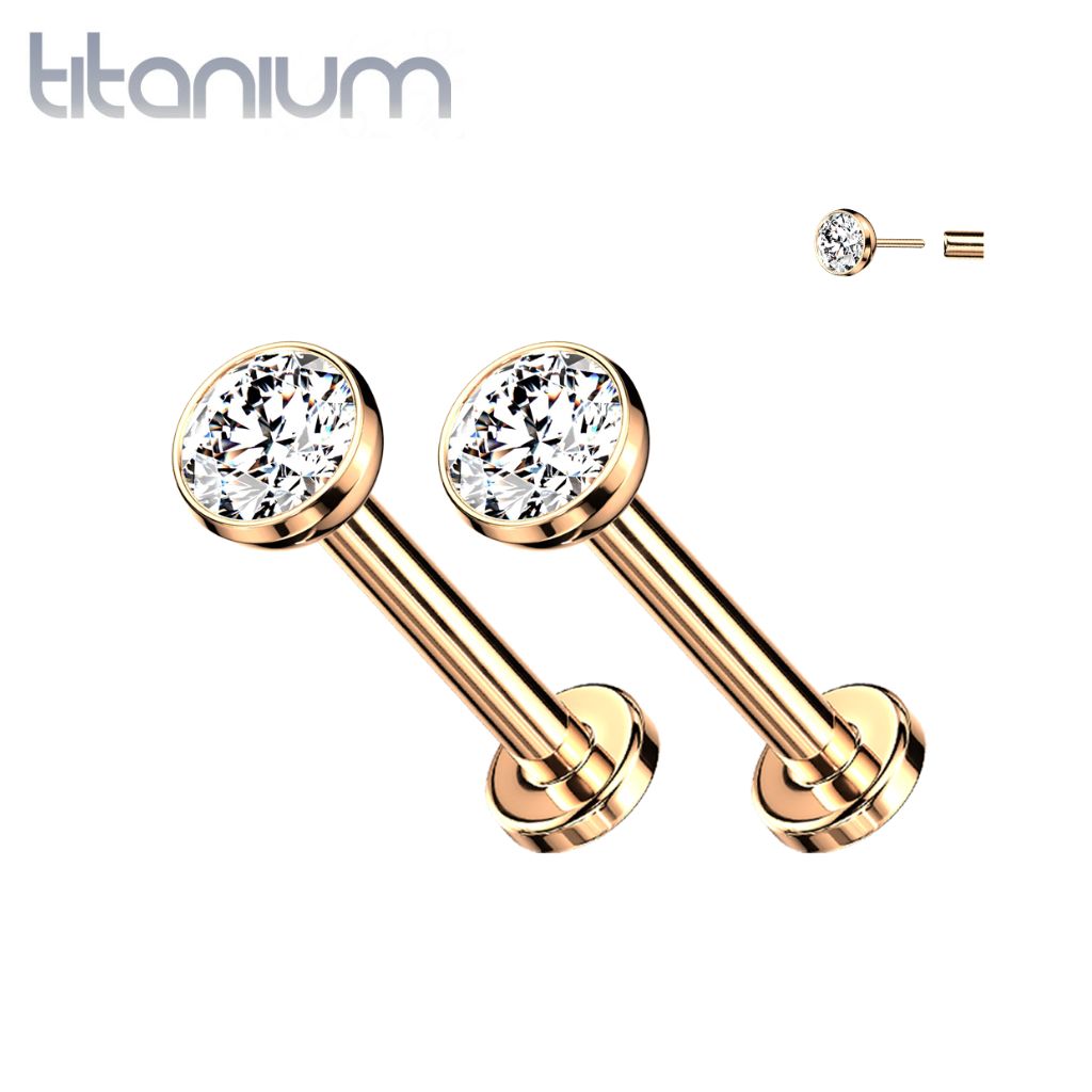 Pair of Implant Grade Titanium Rose Gold PVD Threadless Stud White Bezel Earrings with Flat Back