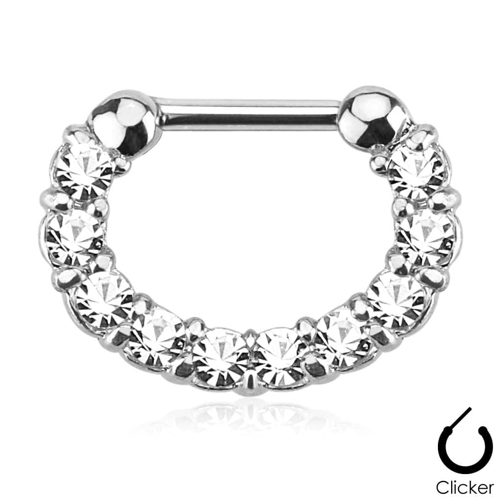 16ga Surgical Steel Bar 10 Gem Paved Clear White Nose Septum Clicker Ring Jewelry