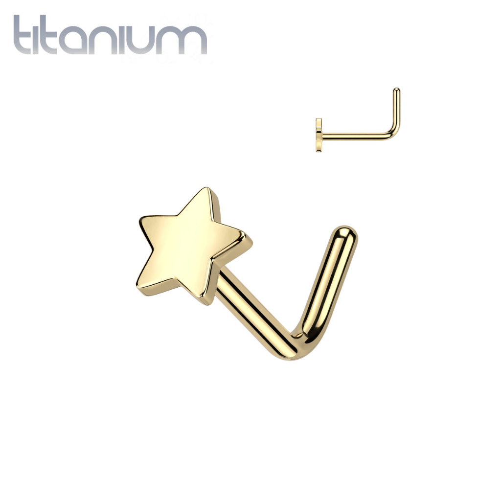 Implant Grade Titanium Gold PVD Star L-Shaped Nose Ring Stud