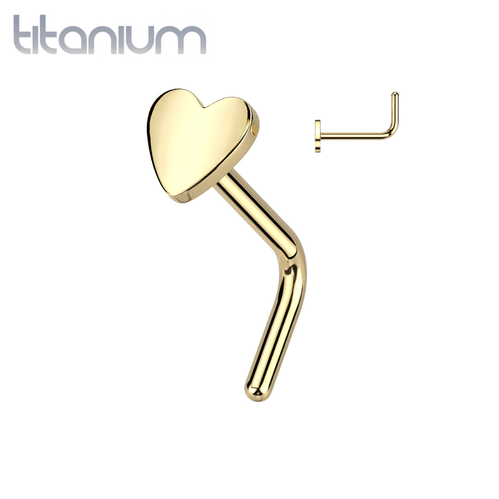 Implant Grade Titanium Gold PVD Heart L-Shaped Nose Ring Stud