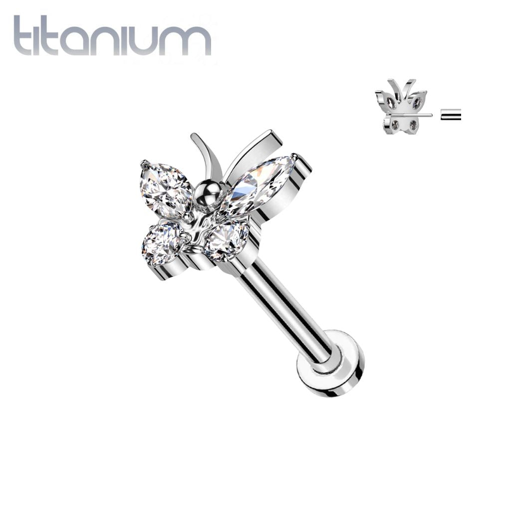 Implant Grade Titanium Large White CZ Gem Butterfly Threadless Push In Labret