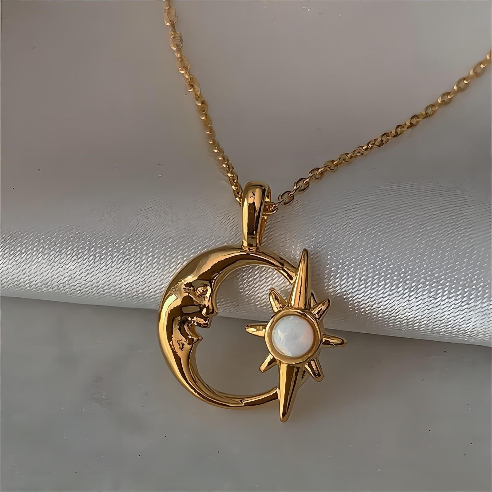 18K Gold Opal Star Moon Phase Necklace