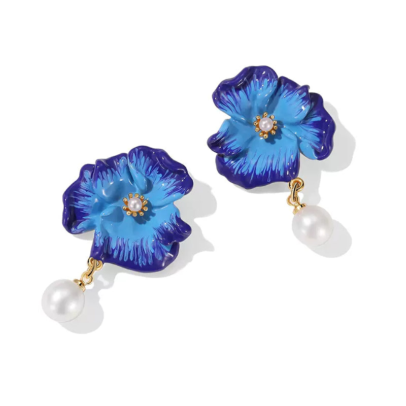 18k Blue Flower Enamel Pearl Stud Earrings