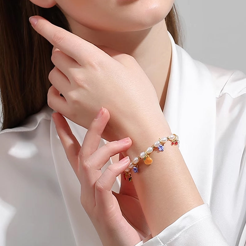 18K Flower Pearl Fruit &amp; Enamel Spirit Bracelet