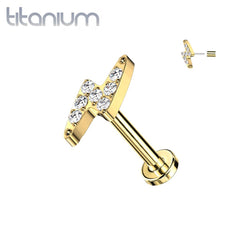 Implant Grade Titanium Gold PVD White CZ Lightning Bolt Top Threadless Push In Labret