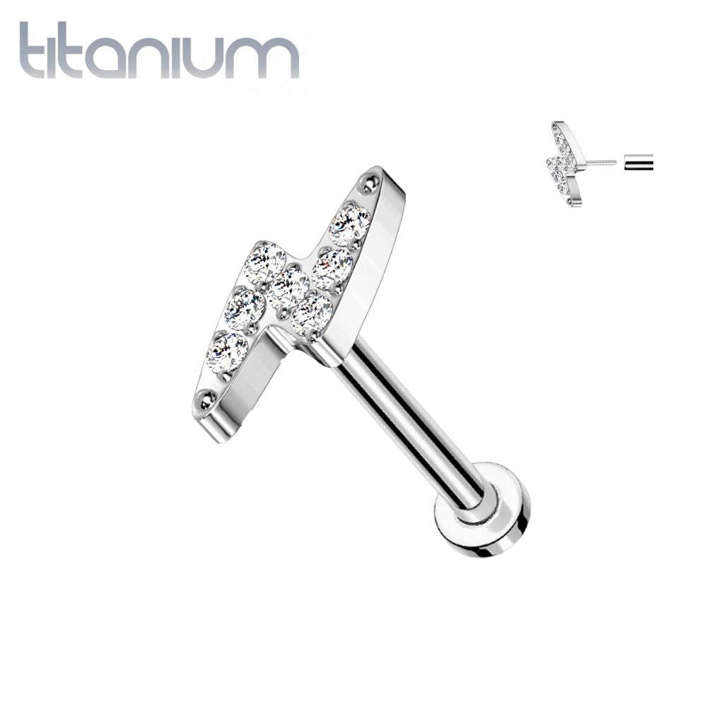 Implant Grade Titanium White CZ Lightning Bolt Top Threadless Push In Labret