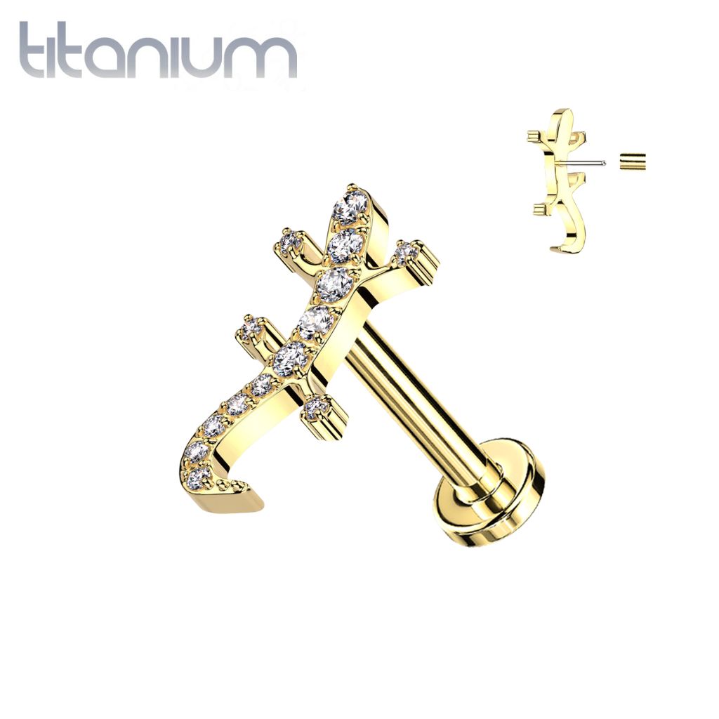 Implant Grade Titanium Gold PVD White CZ Gem Lizard Gecko Threadless Push In Labret