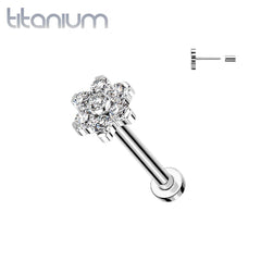 Implant Grade Titanium Threadless Push In Tragus/Cartilage White CZ Flower With Flat Back